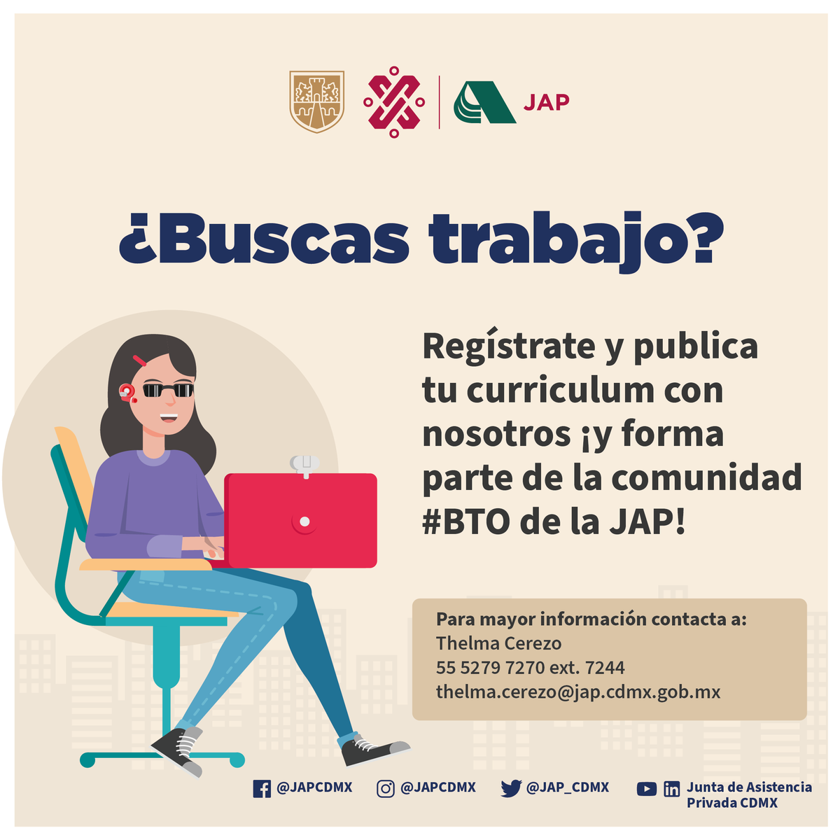 JAP_CDMX's tweet photo. ¿𝗕𝘂𝘀𝗰𝗮𝘀 𝗲𝗺𝗽𝗹𝗲𝗼? 🤔

Te invitamos a publicar tu #Curriculum con nosotros y conocer las vacantes que el  sector asistencial tiene para ti.

¡Únete a la comunidad #BTO!

Contacta a:

Thelma Cerezo
📱55 5279 7270 ext. 7244
✉️ thelma.cerezo@jap.cdmx.gob.mx https://t.co/7nBqoisA7k