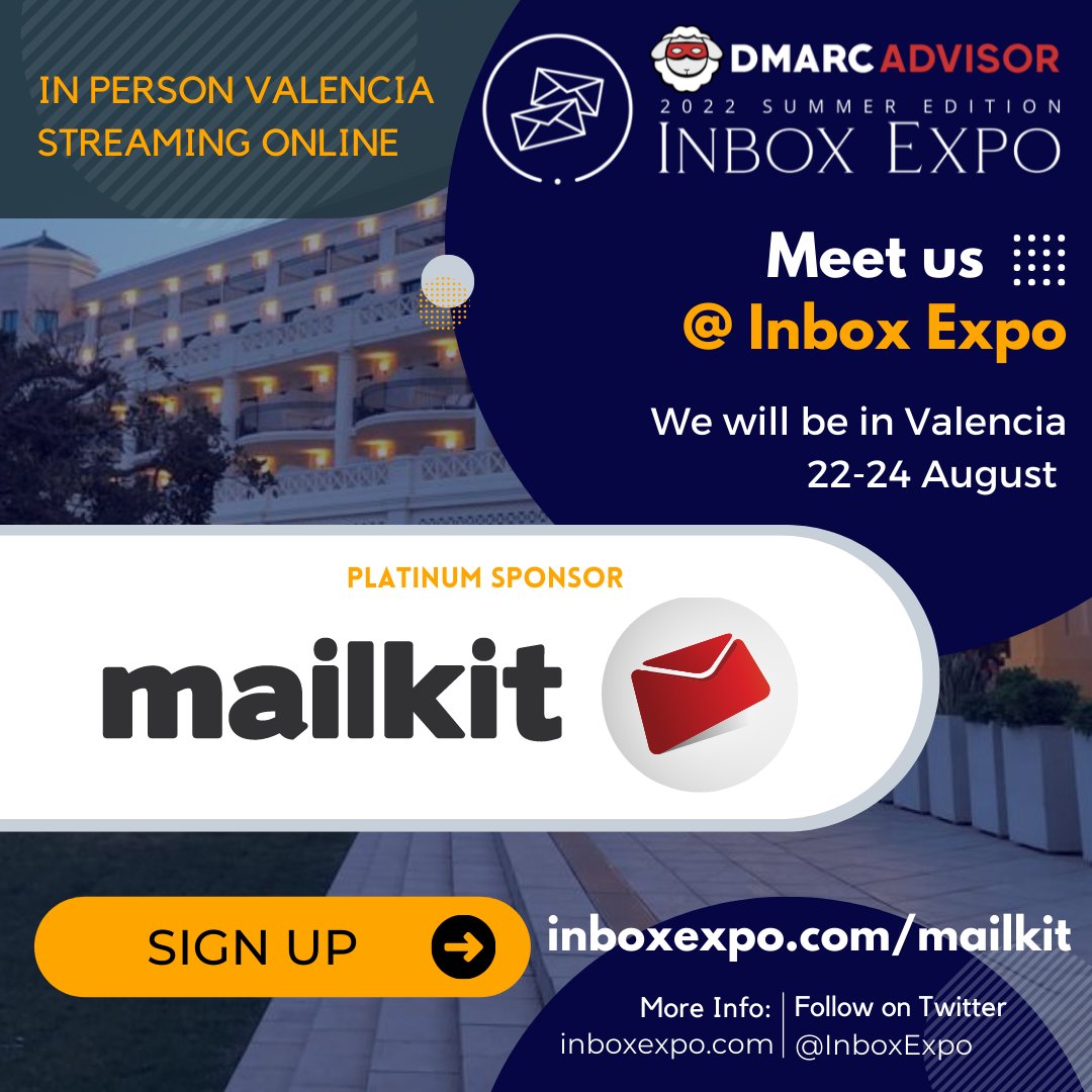 Meet Our Platinum Sponsor @Mailkit in the Mailkit Lounge at #InboxExpo in Valencia, Spain 22-24 August. Register inboxexpo.com/mailkit 

 #EmailMarketing  #inbox #expo