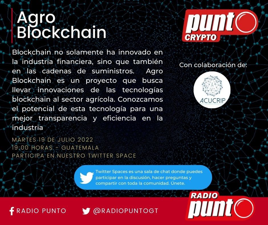 ACUCRIP (@acucrip) on Twitter photo ¿Interesado en una nueva manera de hacer negocios agropecuarios innovando con la tecnología? 🌱🤔
¡No te pierdas nuestro twitter Spaces de hoy en <a href="/radiopunto/">Radio Punto</a> estaremos hablando sobre Agroblockchain!🤩 ¿Interesado en una nueva manera de hacer negocios agropecuarios innovando con la tecnología? 🌱🤔
¡No te pierdas nuestro twitter Spaces de hoy en <a href="/radiopunto/">Radio Punto</a> estaremos hablando sobre Agroblockchain!🤩