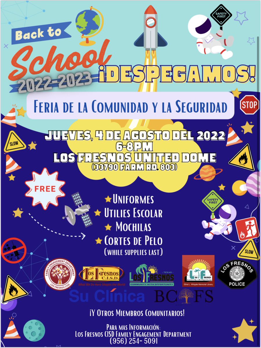 Los Fresnos CISD Family Engagement Office (@lfcisdfamengage) on Twitter photo ⭐️ Save the Date ⭐️
🚀 Excited for our upcoming Back to School Blast Off! Join Los Fresnos CISD & Community Stakeholders for an amazing event.
🚀<a href="/CityLosFresnos/">City of Los Fresnos</a>
🚀Los Fresnos Police Department
🚀Ethel L Whipple Memorial Library ⭐️ Save the Date ⭐️
🚀 Excited for our upcoming Back to School Blast Off! Join Los Fresnos CISD & Community Stakeholders for an amazing event.
🚀<a href="/CityLosFresnos/">City of Los Fresnos</a>
🚀Los Fresnos Police Department
🚀Ethel L Whipple Memorial Library