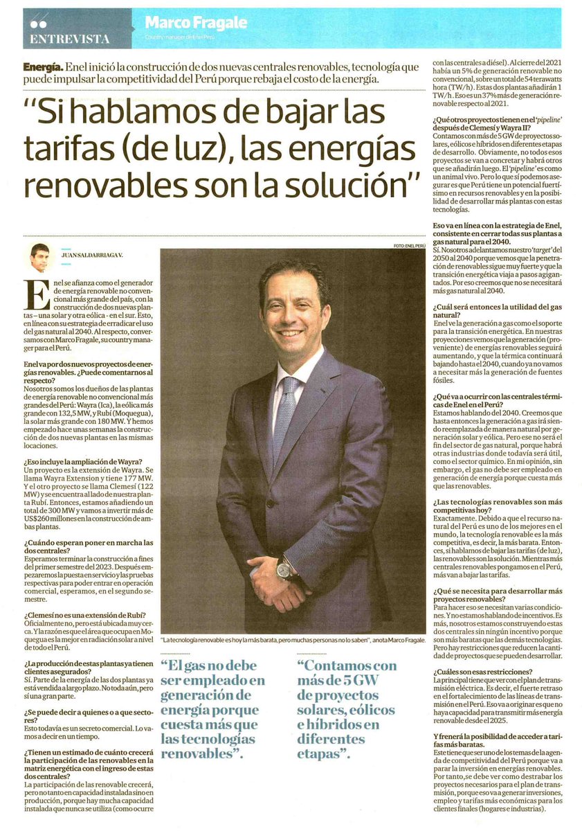 Hablé con <a href="/JuanSaldaringa/">Juan Saldarriaga</a> de <a href="/elcomercio_peru/">El Comercio</a> sobre las centrales de #EnergíaRenovable: #Clemesí y #WayraExtensión. Es un orgullo comunicar que @EnelPeru cuenta con las centrales eólicas y solares +grandes del país, trabajando por energía más competitiva y accesible para tod@s.💪