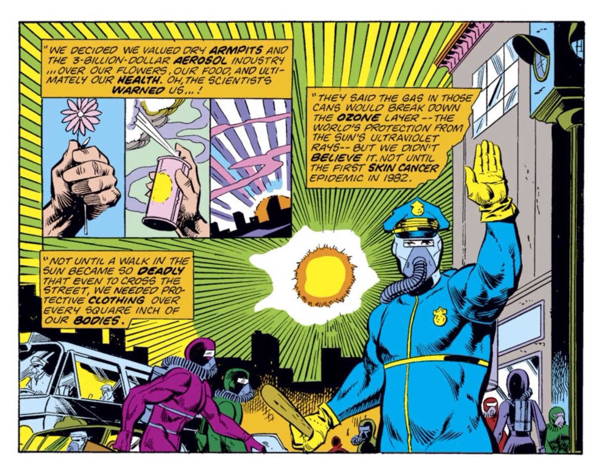 @NoirMJ @tkingdot Fun fact: the effects of CFCs on the ozone layer was known about at least 10 years before the hole was discovered. There’s even a panel from a 1975 Marvel comic referencing it.