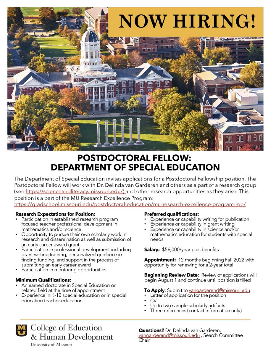 Postdoc fellow opening at the University of Missouri, beginning Fall 2022! I am lucky to be a part of this research team--the team is awesome! Let me know if you have any questions. <a href="/SpedMizzou/">Mizzou Sped</a> <a href="/MizzouEducation/">Mizzou Education & Human Development</a>