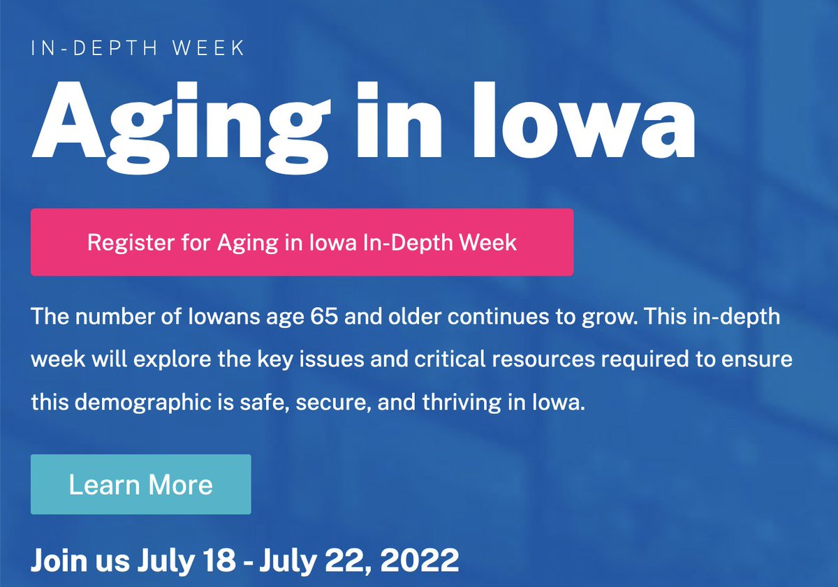 Iowa Ideas Aging in Iowa week will explore the key issues and critical resources required to ensure Iowans 65+ are safe, secure, and thriving. <a href="/buckhg/">Harleah Buck</a> from <a href="/IowaCsomay/">Csomay Center for Gerontological Excellence</a> will be on tomorrow's Long-Term Care panel @ 12 p.m. #IowaNursing 
iowaideas.com/in-depth/aging…