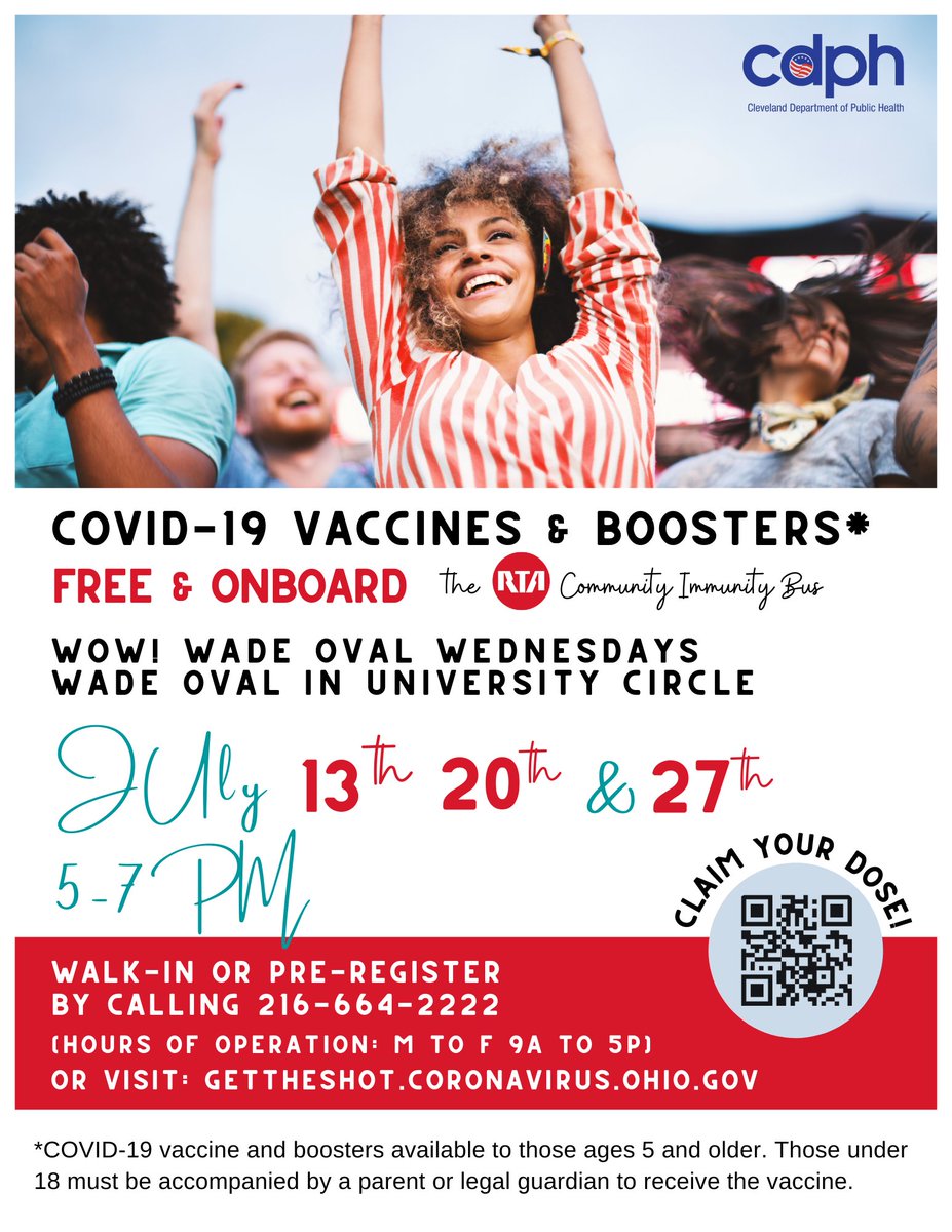 Wednesday, 7/20, we're again vaccinating during <a href="/inthecircle/">University Circle Inc.</a> WOW! Wade Oval Wednesdays. Stop by the <a href="/GCRTA/">Greater Cleveland RTA</a> Community Immunity Bus to receive your no-cost COVID-19 vaccine and booster. Safe, effective, and convenient, claim your dose <a href="/CityofCleveland/">City of Cleveland</a>! #HeresYourShotCLE