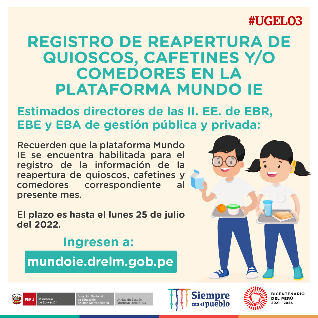 ugel03oficial's tweet photo. ✍️ Instituciones educativas, ingresar aquí para el registro en la plataforma de #MundoIE hasta el 25 de julio ➡ https://t.co/lp87HdMqkl
#UGEL03 https://t.co/DKkw7WQaCv