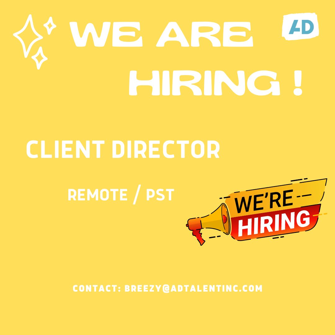 We are currently working closely with the recruiting team at a global digital agency who is looking to bring on a fulltime Client Director to work with their San Francisco office. Remote &amp; PST hours! Contact: Breezy@adtalentinc.com

#tuesdayvibe