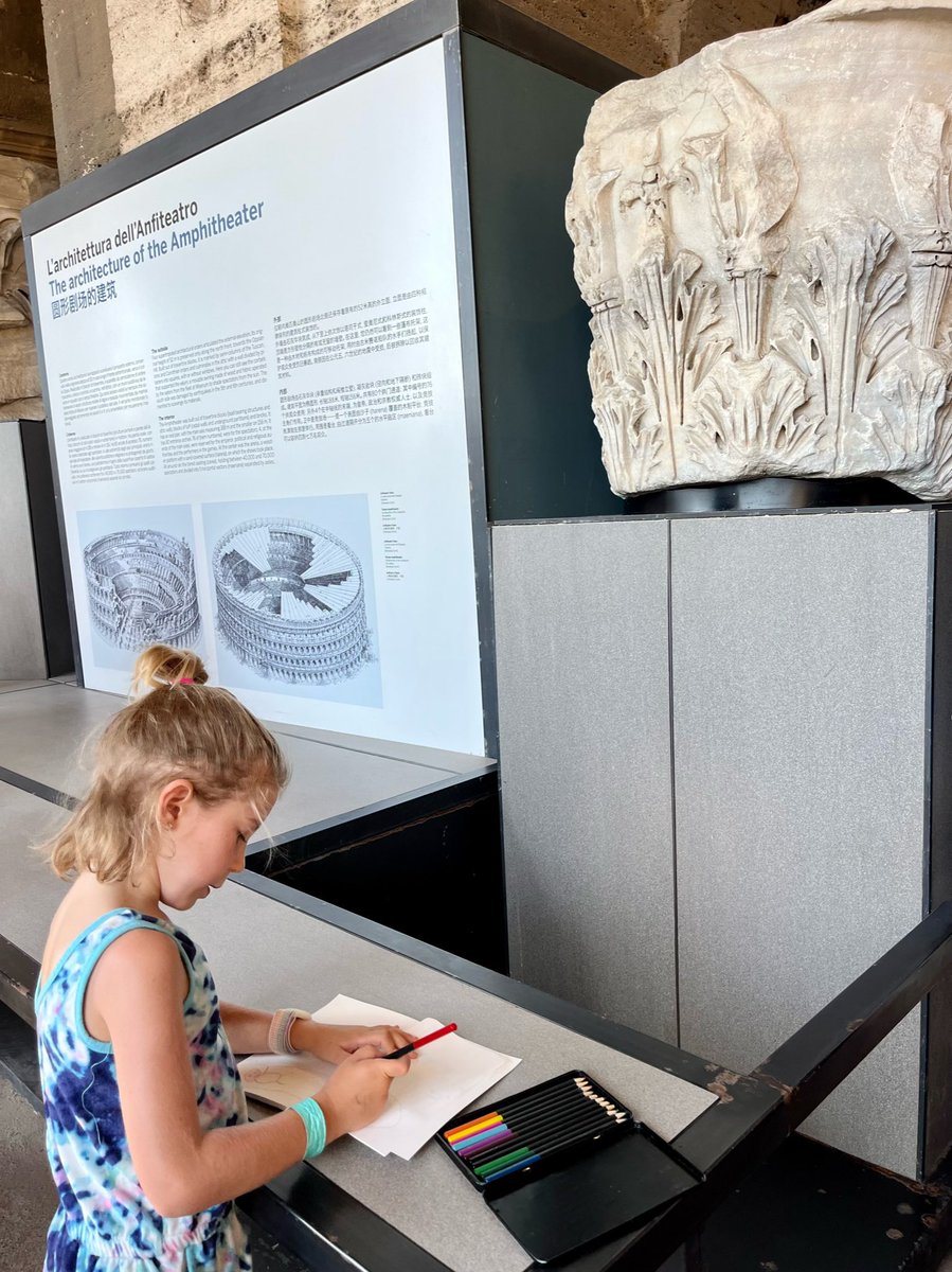 KimberlyRowan's tweet photo. After a day at the colosseum, Lucia’s sketchbook shows a gladiator losing to a tiger. “I used red because it is the color of blood.” 🤷‍♀️🇮🇹 https://t.co/arITAQHPLC