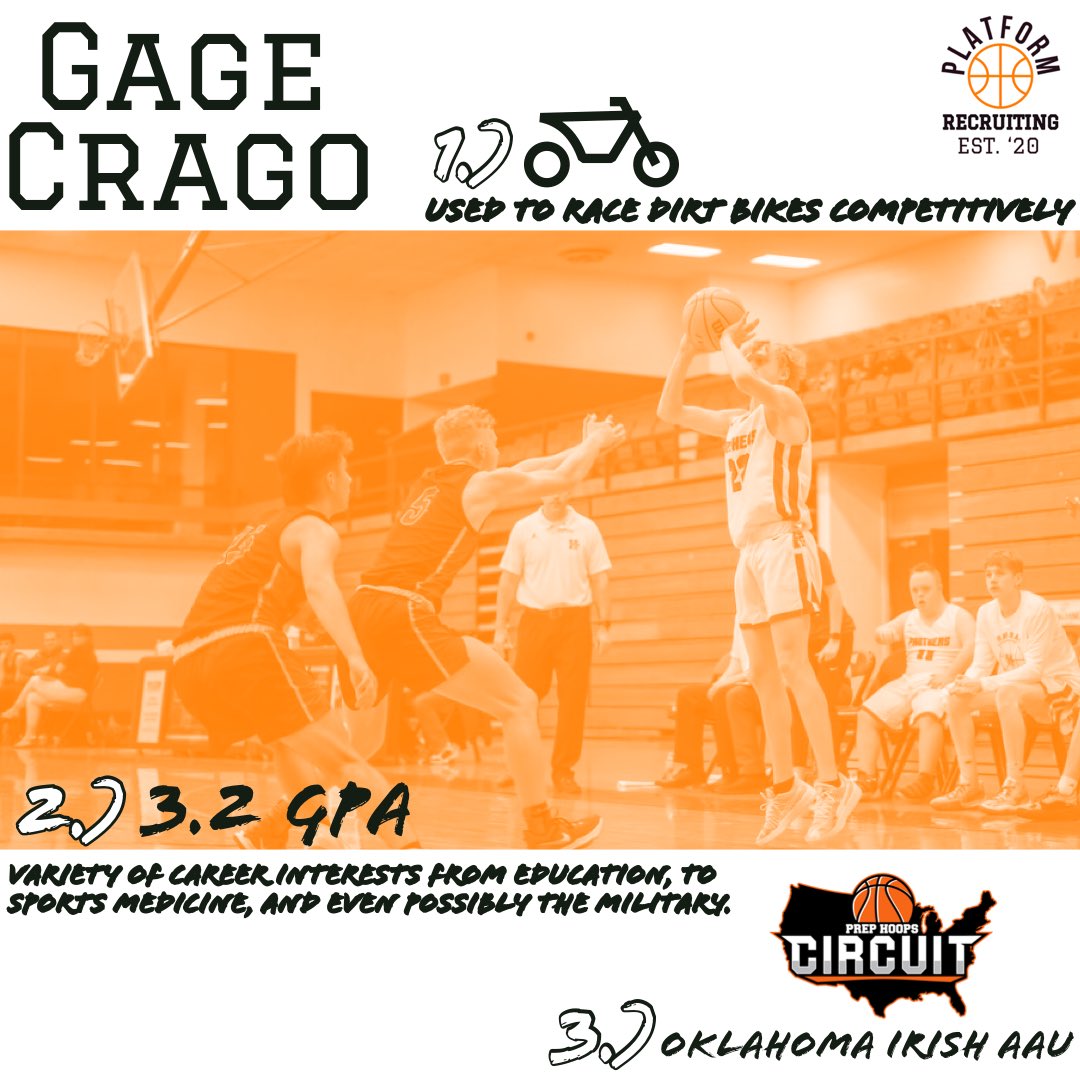 Newly added 6’0 C/O ‘23 guard <a href="/CragoGage/">Gage Crago</a> (OK). Well rounded young man that is open to all levels of college basketball. Played great in the GASO last week w/ Oklahoma Irish.

✅Herky jerky type of game w/ understanding of spacing
✅High IQ pg

Jr Season:
hudl.com/v/2Gnhy6