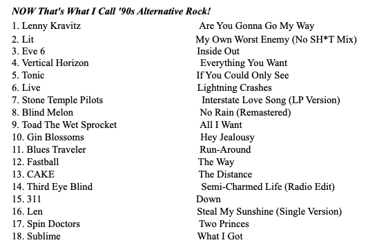ericrennerbrown's tweet photo. Submitted for discussion: The track listing for the forthcoming NOW That's What I Call '90s Alternative Rock https://t.co/EifoUNJ8my