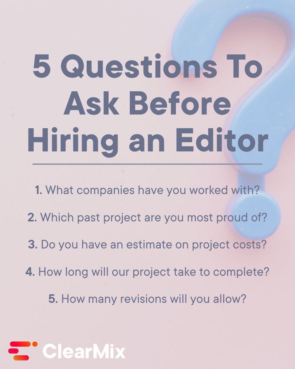 When looking for a potential #VideoEditor to hire, don’t be afraid to ask questions and check out their portfolio! 👀

Learn more: clearmix.com/blog/video-edi…