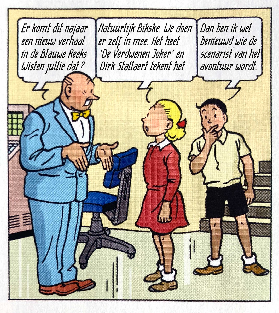 stripland_BENL's tweet photo. De vrienden van #DePerfectePodcast brachten het volgende nieuws met onderstaande prentje: #DirkStallaert maakt De Verdwenen Joker, een #hommage aan de #BlauweReeks. Wie de scenarist van dienst is, komen we later deze week te weten. #WillyVandersteen #SuskeEnWiske https://t.co/jjohbbjWeq