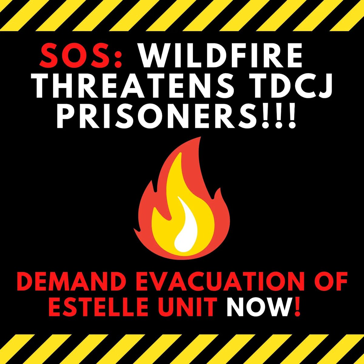 FightXPrisons's tweet image. EMERGENCY!!! Texas is refusing to evacuate prisoners directly in the path of a major wildfire! Surrounding homes were evacuated hours ago, help us ensure our folks inside are safely evacuated NOW!!!!

CALL! SHARE! THEN CALL AGAIN!!! Every bit helps!

#abolitionnow #ClimateJustice