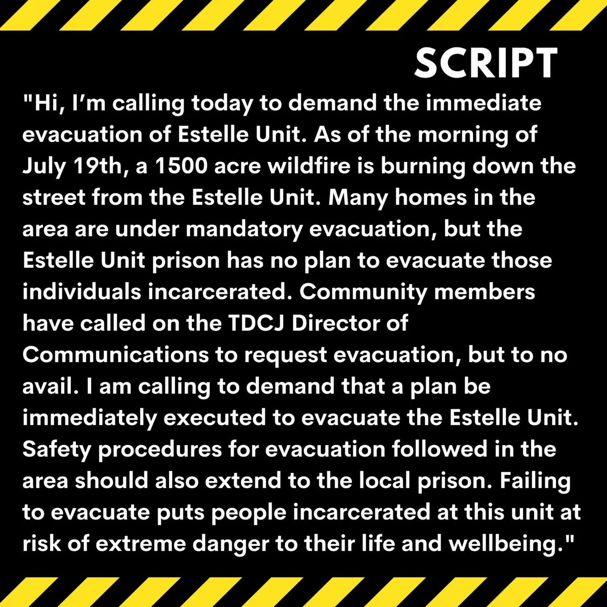 FightXPrisons's tweet image. EMERGENCY!!! Texas is refusing to evacuate prisoners directly in the path of a major wildfire! Surrounding homes were evacuated hours ago, help us ensure our folks inside are safely evacuated NOW!!!!

CALL! SHARE! THEN CALL AGAIN!!! Every bit helps!

#abolitionnow #ClimateJustice