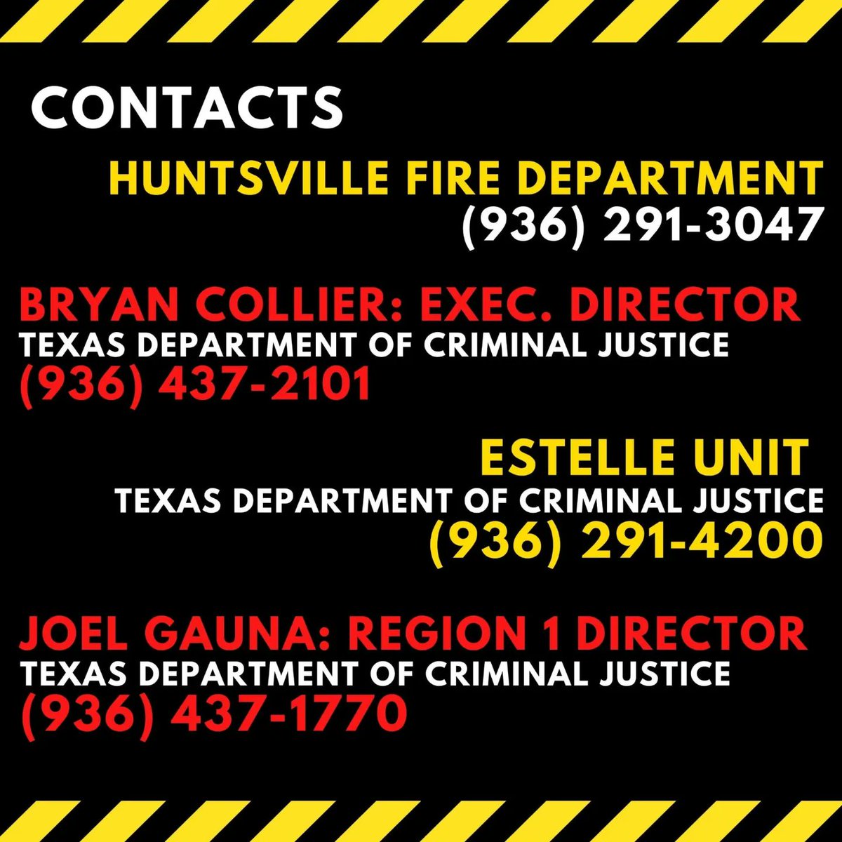 FightXPrisons's tweet image. EMERGENCY!!! Texas is refusing to evacuate prisoners directly in the path of a major wildfire! Surrounding homes were evacuated hours ago, help us ensure our folks inside are safely evacuated NOW!!!!

CALL! SHARE! THEN CALL AGAIN!!! Every bit helps!

#abolitionnow #ClimateJustice
