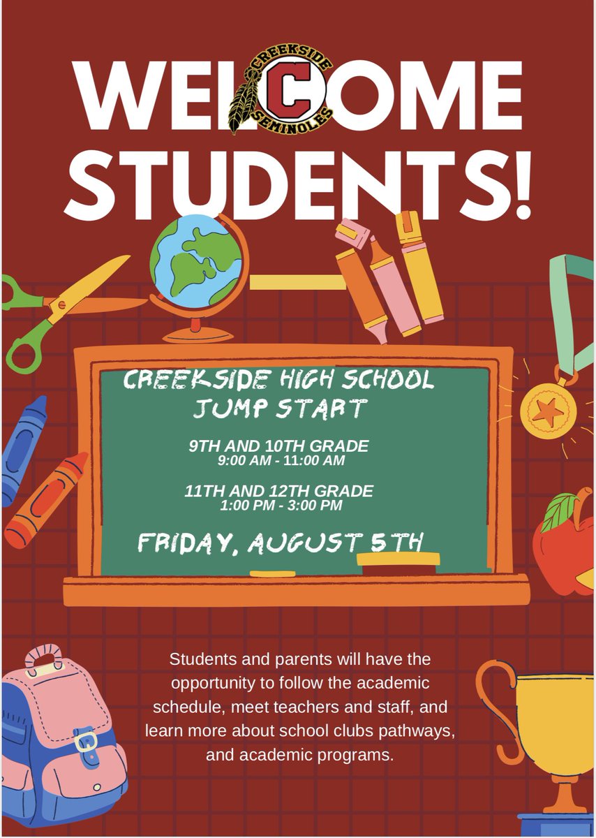 CALLING ALL CREEKSIDE PARENTS AND STUDENTS!!! Please join us for JumpStart in just a few weeks! #WeAREtheTribe @DrTAGAwak @Creekside_High @Commit2ThaC @creeksideavid @Creekside_Tribe @Jordanatweets1 @creeksideffa15 @CreeksideHSBand @creeksideavid @DrTamaraCandis