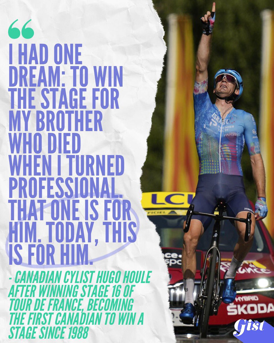 thegistca's tweet photo. Canadian cyclist Hugo Houle became the second Canadian rider to win a stage on the Tour, and the first to win one since 1988 🚴‍♂️🇨🇦

At the end of his race, Hugo Houle pointed to the sky, dedicating the win to his late brother, who was killed by a drunk driver 10 years ago 🤍 https://t.co/FfS5Utp1sX