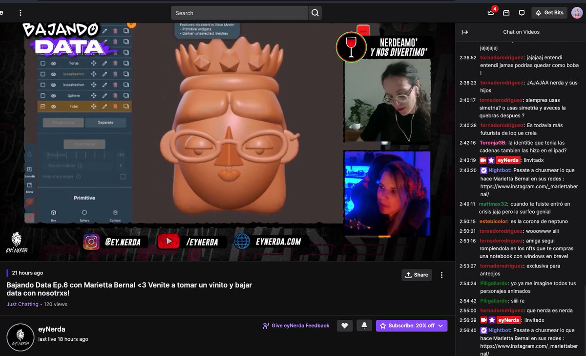 Ayer streameamos 3hs con <a href="/eynerda_/">Nerda !</a>
 🍷🍷🍷

Tomamos vinito, hicimos un repaso de la evolución de mi trabajo y charlamos sobre procesos.
También modelé un personaje con ideas que sugirieron en el chat.

Quedó grabado acá:
twitch.tv/videos/1535766…