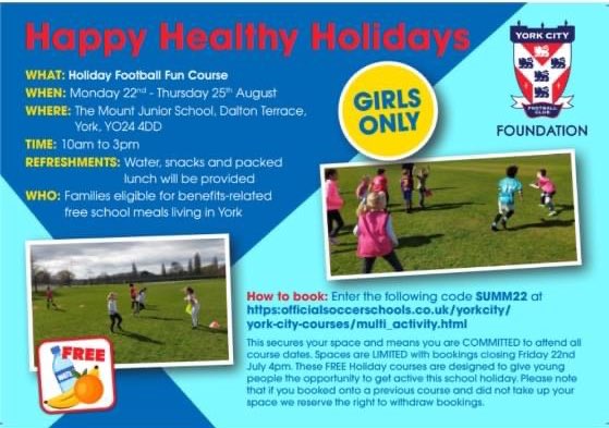 Happy Healthy Holidays are our Football Holiday Fun Courses fully funded through the government Holiday Activity and Food scheme which is distributed by City of York Council. 
We have been running these activities in various guises since 2017, to redress the balance in