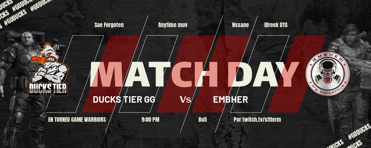 Come on!! 🔥🎮
Enfrentamiento de la Noche en <a href="/ComunidadGW/">Game Warriors</a>
🆚 @vEMBHER
🆚 Nuestro principal roster

⚡<a href="/NsaneCHINO/">Nsane</a>
⚡<a href="/IDreek_01/">Alejandro</a>
⚡<a href="/AnyTimeAM/">ًP</a>
⚡<a href="/Erick_Forgotten/">Forgo</a>

#GODUCKS
Es un todo o nada 🤝🏻🔥
¡Por Twitch! twitch.tv/sl1ferm?sr=a
