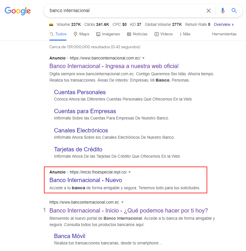 parce496's tweet photo. @BaninterEc  pilas que están ladrones con publicidad falsa para robar datos de clientes. Reporten a Adwords https://t.co/W3SMKAPOSG