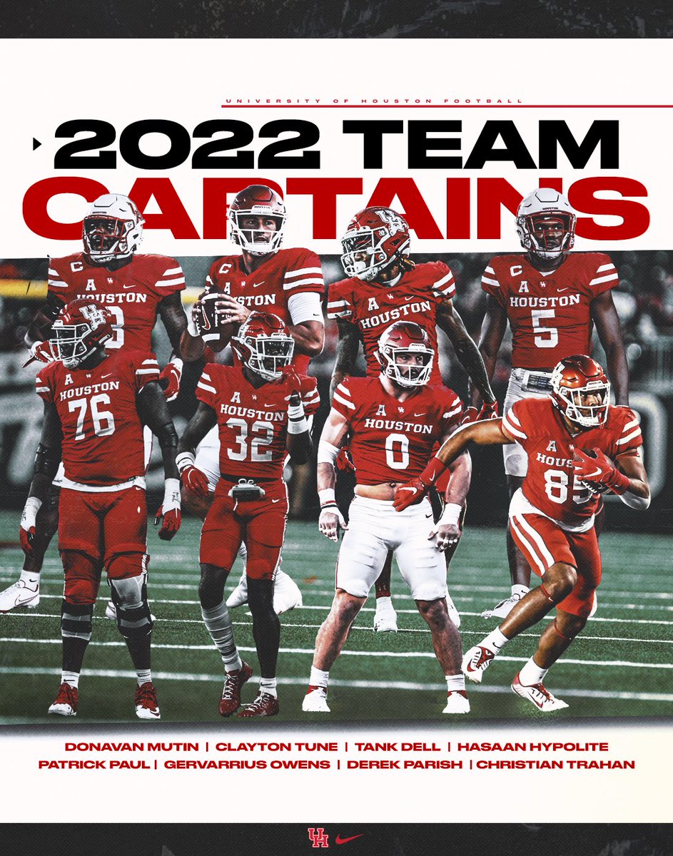 UHCougarFB's tweet photo. The 2022 Team Captains 

@ClaytonTune7 
@Tankdell4 
@Landlord_5 
@PatrickPaul_76 
@gervarrius_3 
@ParishDerek 
@Trahan85 
Donavan Mutin

#GoCoogs https://t.co/p2w1iKNfLU