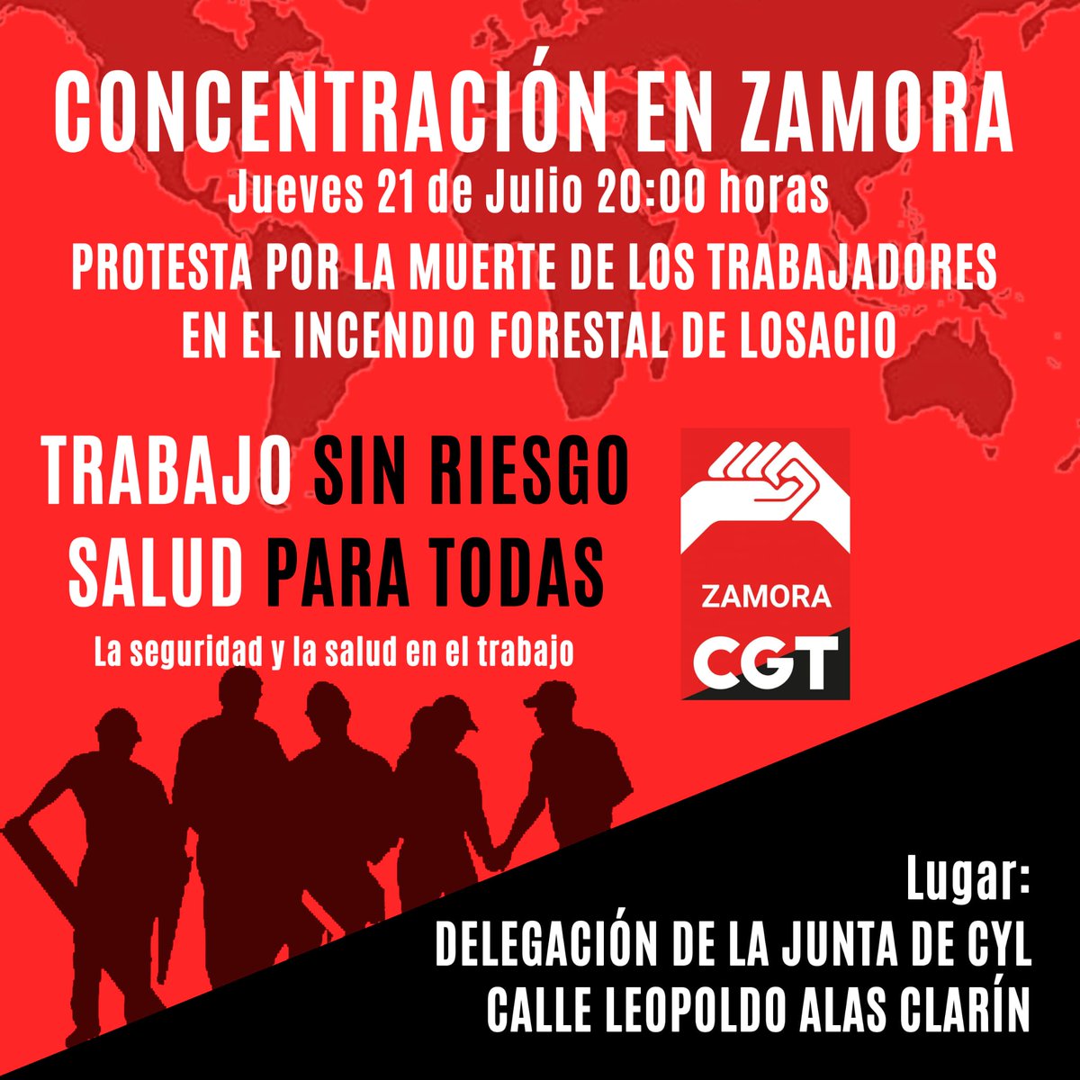 cgt_zamora's tweet photo. 🔴⚫Concentración en Zamora. TRABAJO SIN RIESGO. Protesta por la muerte de los trabajadores en el incendio forestal de Losacio. El jueves 21 a las 20 horas. https://t.co/31mwsjJob9