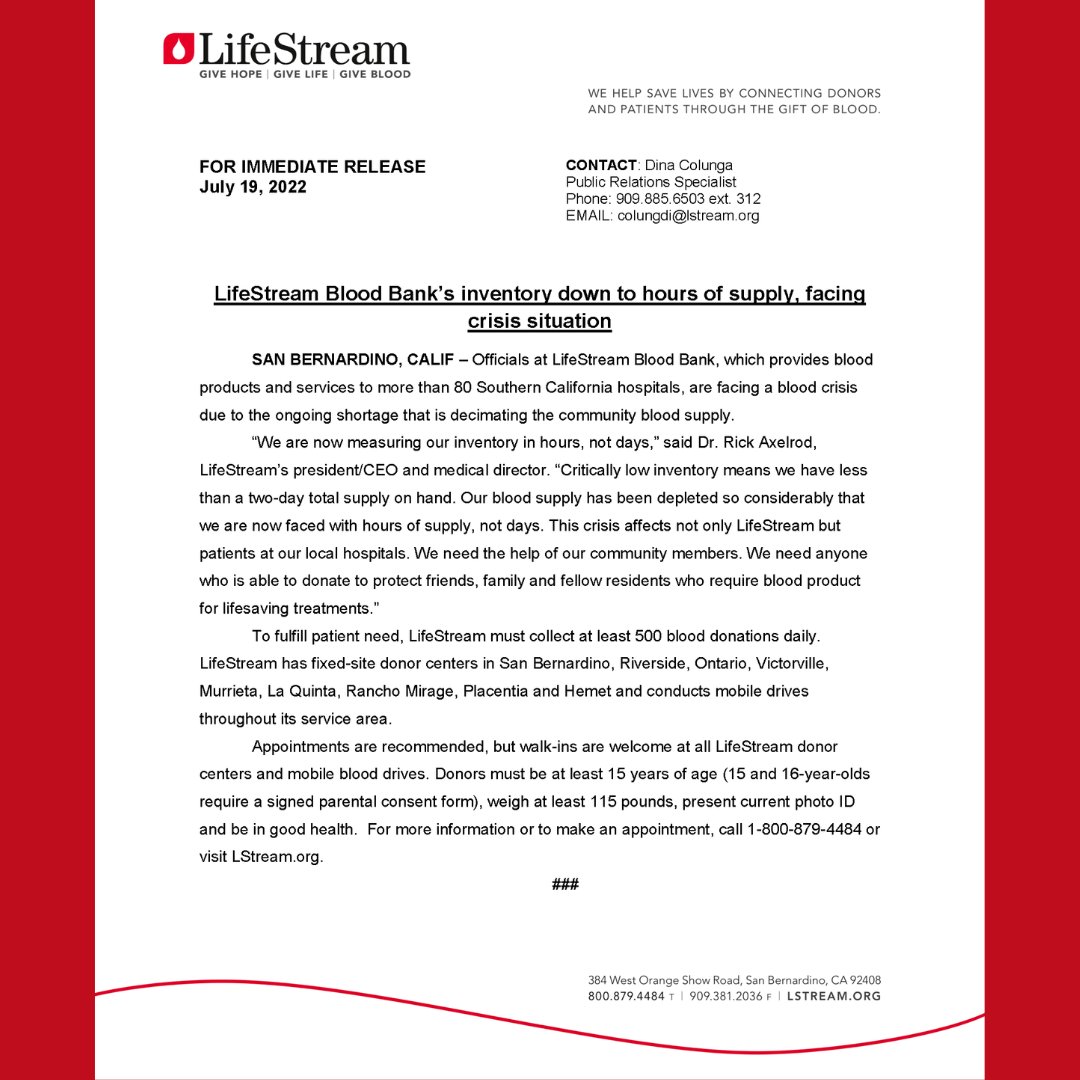 lifestreamblood's tweet photo. ATTN❗: LifeStream’s blood supply is down to just HOURS on hand. Please see the press release below regarding our inventory. For more info or to make an appointment, call 1-800-879-4484 or visit https://t.co/RXeAM8wls9. https://t.co/OkyhDN5Zw2