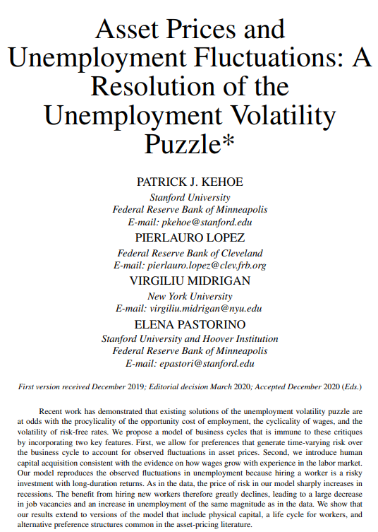The Review of Economic Studies (@reveconstudies) on Twitter photo New paper by Kehoe, Lopez (<a href="/PierlauroLopez/">Pierlauro Lopez</a>), Midrigan and Pastorino resolves the unemployment volatility puzzle (Shimer puzzle) by combining asset-pricing preferences and human capital acquisition.
restud.com/paper/asset-pr… New paper by Kehoe, Lopez (<a href="/PierlauroLopez/">Pierlauro Lopez</a>), Midrigan and Pastorino resolves the unemployment volatility puzzle (Shimer puzzle) by combining asset-pricing preferences and human capital acquisition.
restud.com/paper/asset-pr…