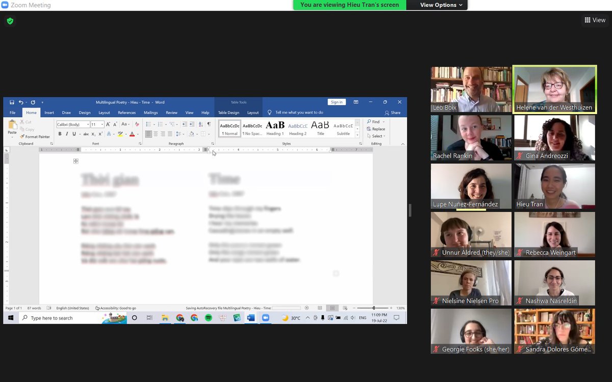 HeleneTranslate's tweet photo. #Day2 @bcltuea @leoboix Workshopping a poem in this group turns into a lot of laughs. So much fun today. #collaborativetranslation #BCLT2022 Thank you, #Hieu for the poem. It's beautiful. https://t.co/hujkKr9XAM