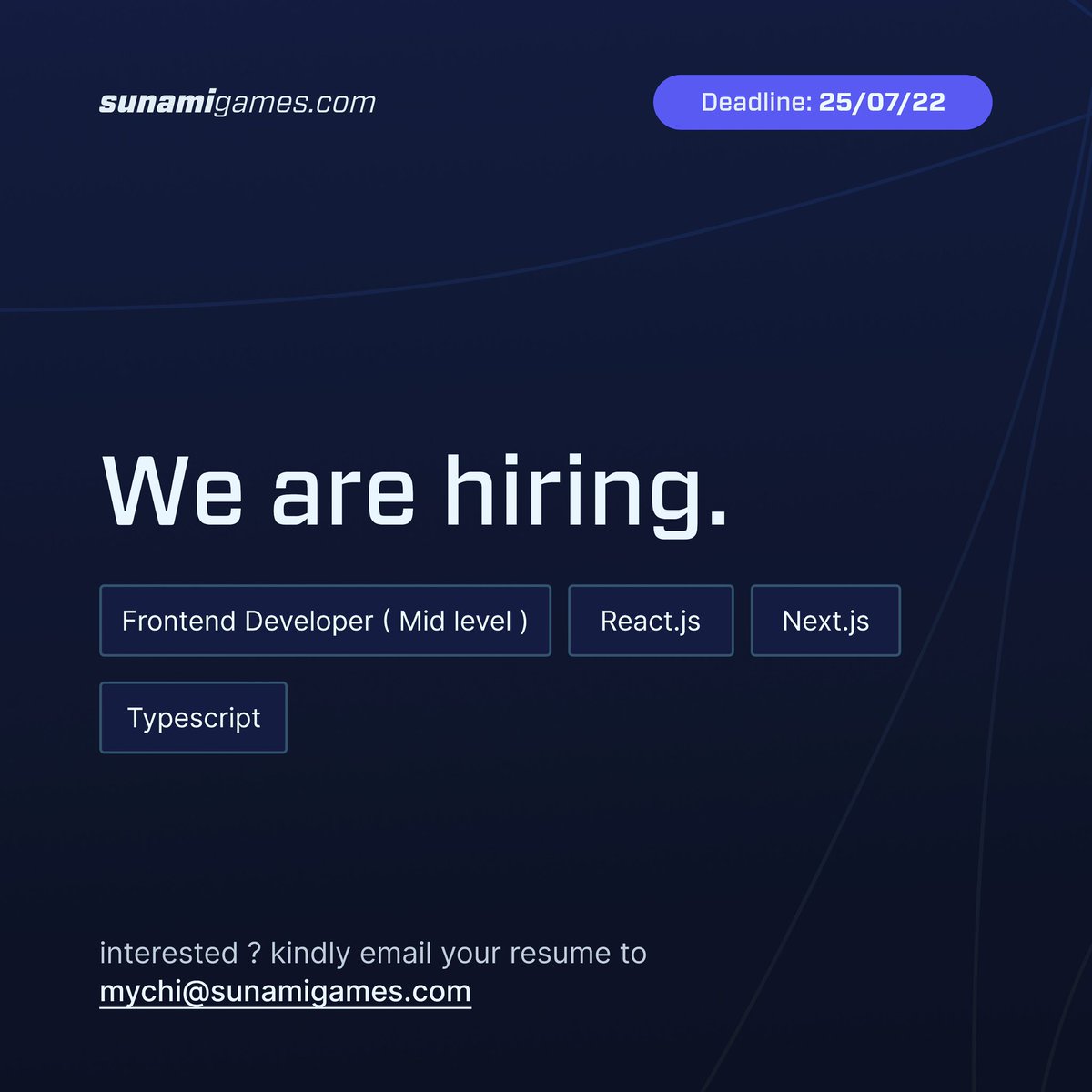 Sunamigames's tweet photo. We Are Hiring.
Frontend Developer ( Mid level ). React.js, next.js, Typescript. 

Interested? Kindly email your resume to mychi@sunamigames.com https://t.co/xa1h4kvYuN