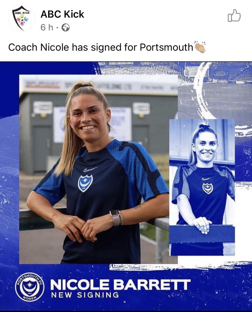 WOW! Coach Nicole, who has been teaching our children in their football lessons, has just signed for Portsmouth🙌🏼🥳 well done Nicole- great news👏🏼 #PEtps <a href="/abckick123/">ABC Kick</a>