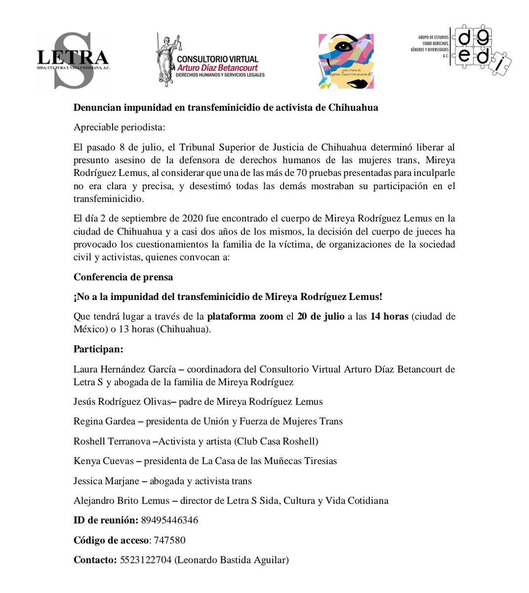 Compartimos la siguiente convocatoria a medios, Ante el lamentable hecho donde una mujer trans activista asesinada en Chuhuahua
#JusticiaParaMireya