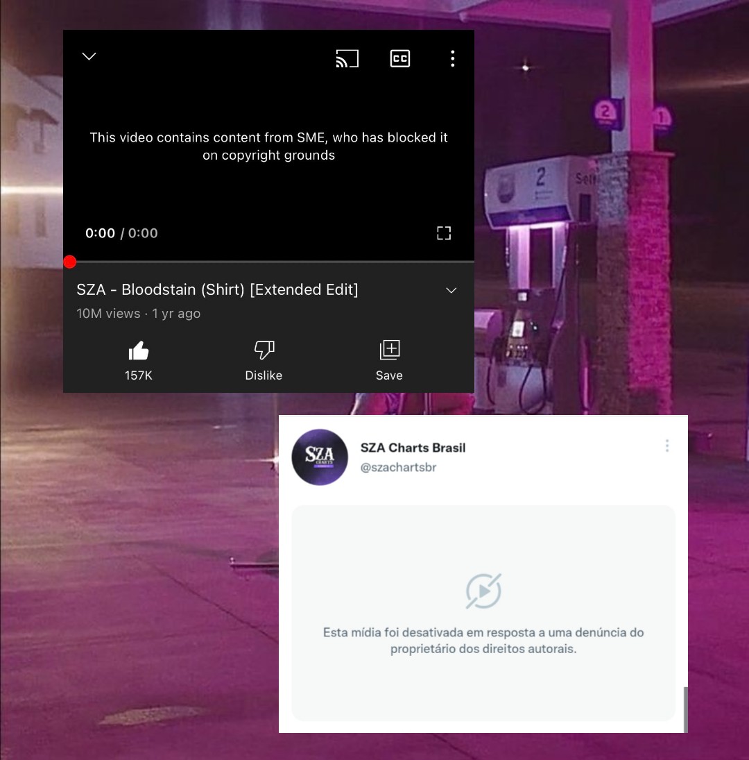 szanewsz's tweet photo. A alguns meses atrás, um video feito por fã com áudio de "Bloodstain/Shirt" foi retirado do YouTube por direitos autorais.

Esse mesmo vídeo, hoje, foi retirado aqui do Twitter pelo mesmo motivo. 👀 https://t.co/ex5nrObe3a