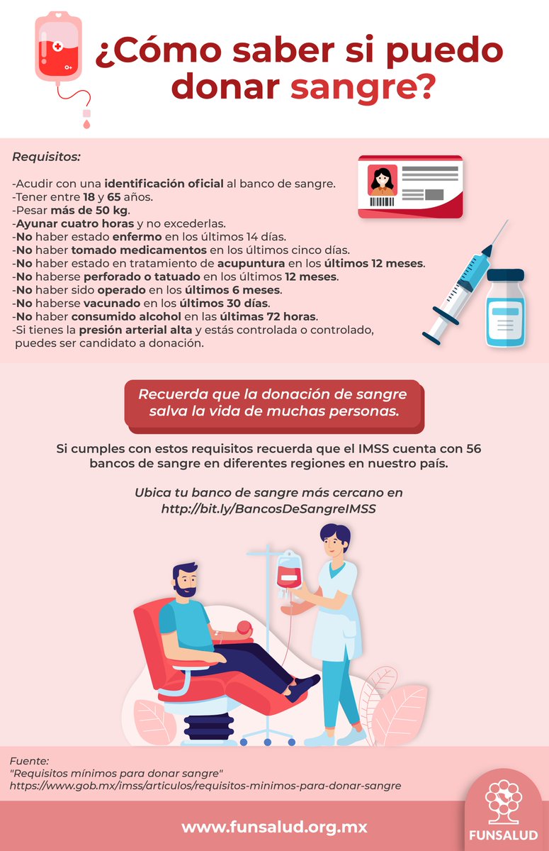 FUNSALUDMX's tweet photo. ¿Cómo saber si puedo donar sangre? Te compartimos algunos requisitos que se requieren para poder hacerlo. Recuerda que la donación de sangre salva la vida de muchas personas.
https://t.co/yEAgh2T0aw https://t.co/KDIXXLOI5e