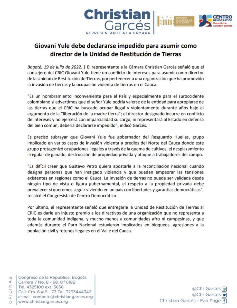 ChriGarces's tweet photo. #Comunicado | Giovani Yule debe declararse impedido para asumir como director de la Unidad de Tierras. El designado incurre en conflicto de intereses, toda vez que hace parte de una organización que promueve invasiones ilegales y ataques violentos a la propiedad privada. https://t.co/QhV8ivOc0P
