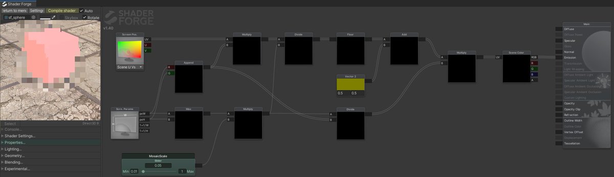 MallocFree009's tweet image. 深夜にモザイクなことをしよう・・・ShaderForgeを使ってUnityで使える自分流モザイクシェーダーを作った。Shader GraphはStandard Shader対応しない方針だからVRChatやらでまだまだ重宝するなぁ。作者のFreyaHolmerさんに感謝 #Unity #Shader #ShaderForge #モザイク