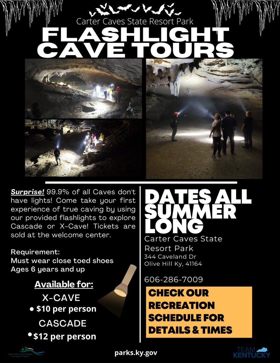 Are you afraid of the dark??Join us as we turn out the lights for 2 flashlight tours Wednesday July 20th
•9:30 a.m. X-Cave Flashlight Tour
•6:00p.m. Cascade Flashlight Tour
Get tickets at the Welcome center from 9 a.m.- 5:45 p.m.
#CCSRP #KYstateparks #CarterCavesSRP