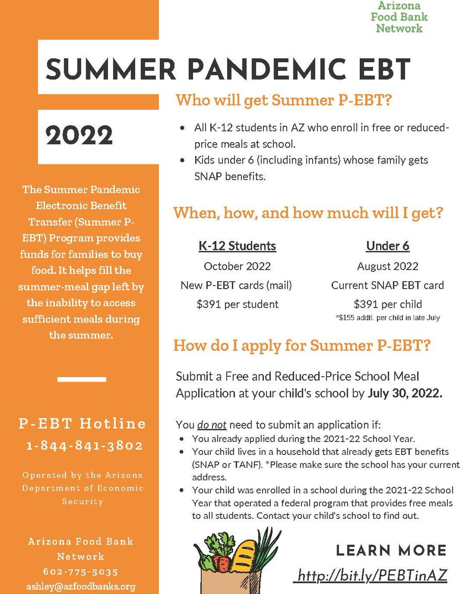 Important announcement for families with young kids at home: Summer P-EBT is back again. Visit bit.ly/PEBTinAZ to read the important fine print.  

Flyer by <a href="/azfoodbanks/">Arizona Food Bank Network</a> with very helpful details – we're here to help! <a href="/PinnaclePrevent/">Pinnacle Prevention</a> #feedingAZ #summerfood #doubleupAZ