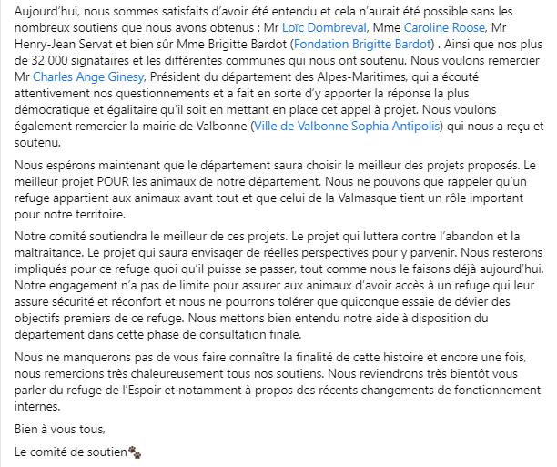 ComiteEspoir's tweet photo. Communiqué : que se passe-t-il au refuge de l'espoir ? 
Encore merci à nos soutiens @LoicDombreval, @CarolineRooseEU, @HenryJeanServat, @brigitte_bardot, @FBB_PorteParole. Merci @ca_ginesy pour son écoute attentive. #refugedecoeur #mougins #valmasque #AlpesMaritimes https://t.co/2wUQXJhSQr