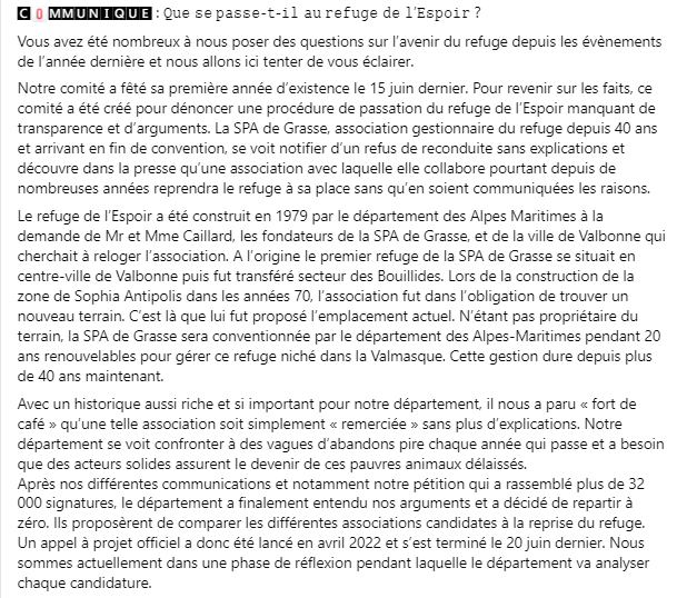 ComiteEspoir's tweet photo. Communiqué : que se passe-t-il au refuge de l'espoir ? 
Encore merci à nos soutiens @LoicDombreval, @CarolineRooseEU, @HenryJeanServat, @brigitte_bardot, @FBB_PorteParole. Merci @ca_ginesy pour son écoute attentive. #refugedecoeur #mougins #valmasque #AlpesMaritimes https://t.co/2wUQXJhSQr