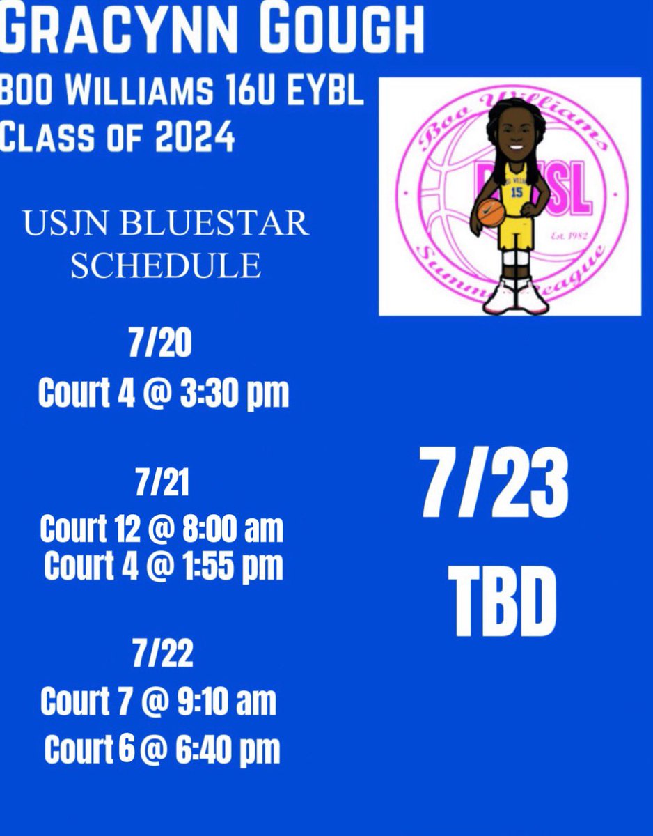 Gracynn Gough (@gracynngough) on Twitter photo Excited to compete with <a href="/BWSL16UGEYBL/">Boo Williams-Wilson EYBL 16U</a> one last time in July in Richmond, VA (July 20-23)! Schedule below! LETS GO‼️
<a href="/BWSLGirlsAAU/">Boo Williams GBB</a> Excited to compete with <a href="/BWSL16UGEYBL/">Boo Williams-Wilson EYBL 16U</a> one last time in July in Richmond, VA (July 20-23)! Schedule below! LETS GO‼️
<a href="/BWSLGirlsAAU/">Boo Williams GBB</a>