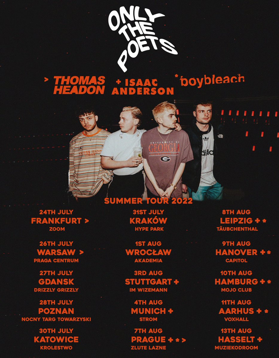 Can’t wait for tour!

Buzzing to have amazing artists joining us <a href="/thomasheadon/">thomas headon</a> <a href="/isaacandersonuk/">Isaac Anderson</a> <a href="/theboybleach/">Boy Bleach</a> &amp; local Polish acts TBA 

Playing <a href="/TruckFestival/">Truck Festival</a> &amp; <a href="/Waterpop/">Waterpop</a> before 

Tickets: linktr.ee/onlythepoets