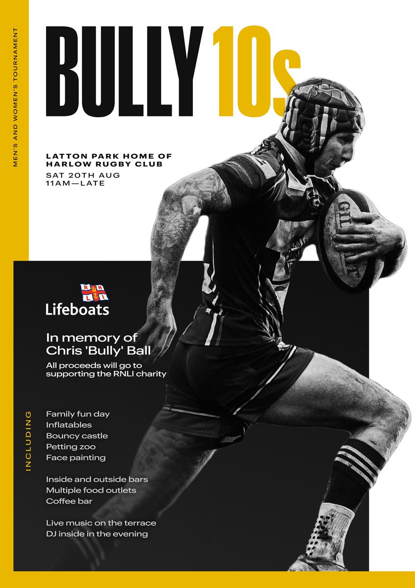 Bullys10s's tweet photo. Saturday 20/08/2022
11:00 onwards 
@HarlowRugby @LattonPark 

@Bullys10s Rugby Tournament returns for another year, raising funds for the @RNLI in memory of Chris “Bully” Ball. 

Ladies &amp; Mens rugby completion, family activities, bars, BBQ and other refreshments. 

See you there! https://t.co/KmDzupl6C1