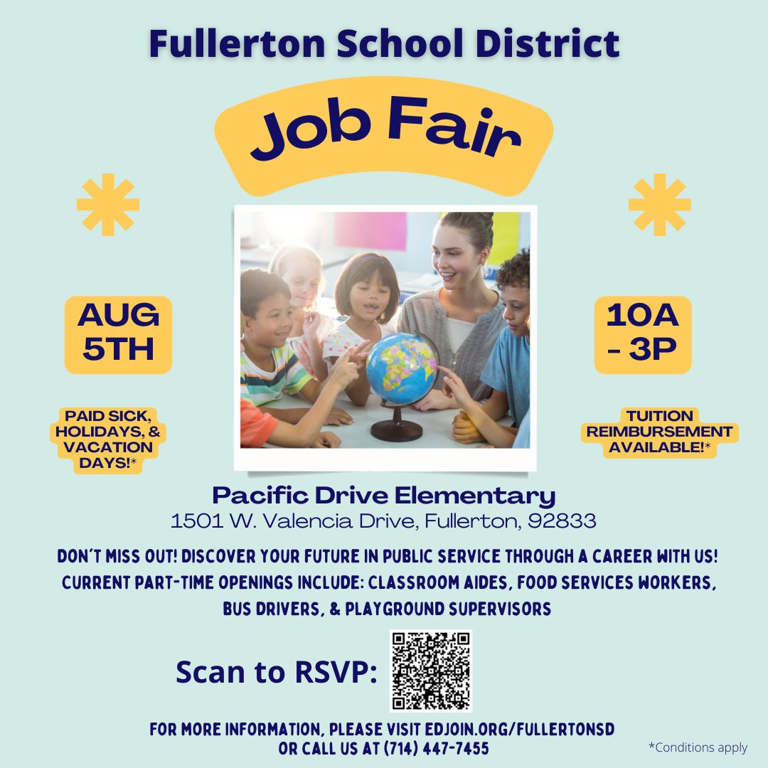 GHElementary's tweet photo. FSD is hiring and we want you! Come be part of the FSD team!! Join us on August 5th and Pacific Drive Elementary from 10:00-3:00pm.  Join #teamFSD https://t.co/aZ7Hdr5K9k