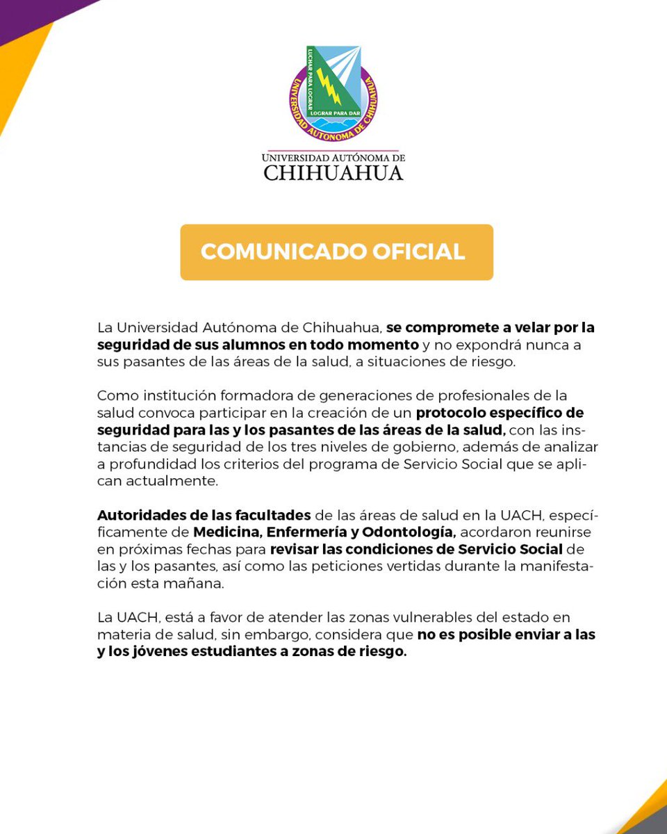 Comunicado Oficial Servicio Social Áreas de la Salud UACH.