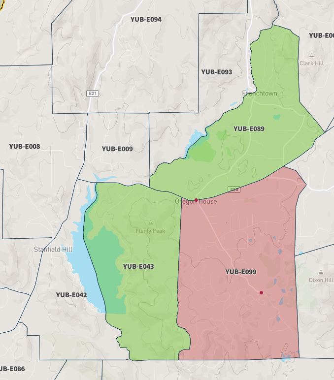 YubaCounty's tweet photo. Evac Order for zone YUB-E043 has been lifted, & residents from that area may return.
Also, Evac Warning for zone YUB-E089 has been lifted.
The Evacuation Order for zone YUB-E099 remains in place, for now.
All Advisories are lifted, as well. #WindingFire https://t.co/FivcPXIqMG