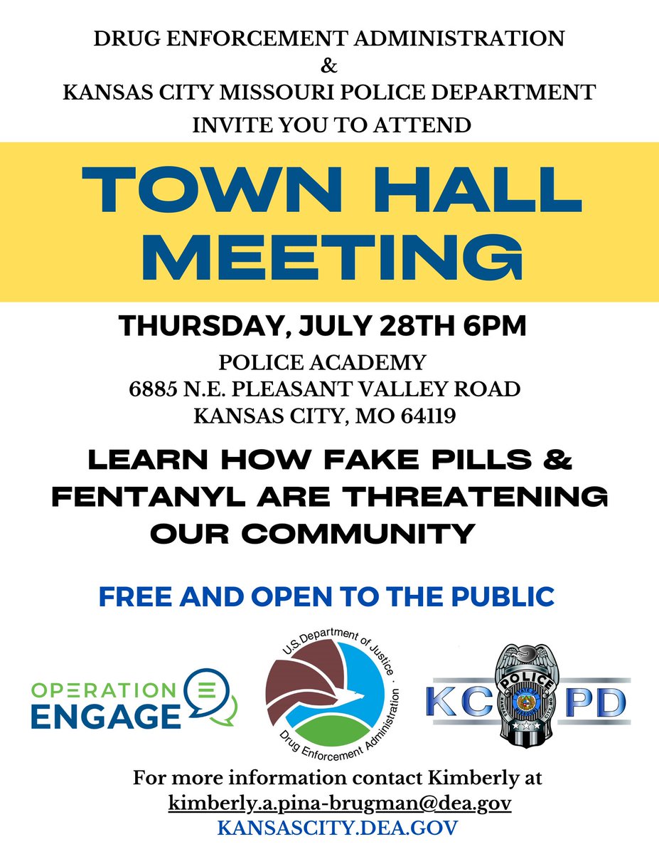 DEAKansasCity's tweet photo. Did you know that the #1 killer of 15-44 year olds is now drug overdoses? Learn about the dangers of fentanyl and fake ๐ ๐ ๐ at this free public event with #DEA and @kcpolice. #OpEngageKC https://t.co/lOyFjedED2
