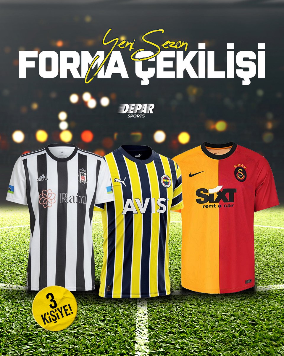 🎁 DEV YARIŞMA BAŞLADI 🎁

🎉 Bizi takip ederek şartları yerine getiren 3 kişiye tuttuğu takımın yeni sezon formasını hediye ediyoruz!

🔸 Gönderiyi beğen,
🔸 Retweet yap,
🔸 <a href="/DeparSports/">Depar Sports</a> hesabını takip et!

BOL ŞANS! 🍀