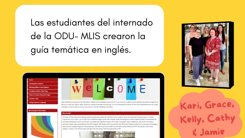 📣Ya está disponible la guía temática de la Modern Language Association, 9️⃣ edición, versión en inglés. Kari, Kelly, Grace, Cathy y Jamie, estudiantes de <a href="/ODUmlis/">ODU MLIS Program</a> pudieron completar este proyecto durante su internado. 🤓👉¡Consulta la guía! uprrp.libguides.com/MLA9English
#sbuprrp